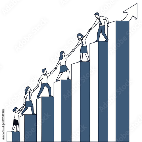 Teamwork and Collaboration for Success - People Climbing Bar Graph.
