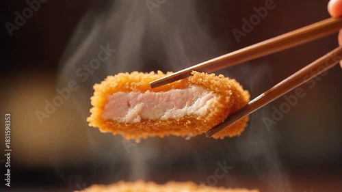 A steaming hot slice of crispy golden-brown Japanese tonkatsu, a deep-fried pork cutlet, held by chopsticks