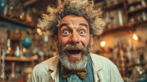 Excited scientist with crazy hair in his laboratory, a portrait of a joyful man