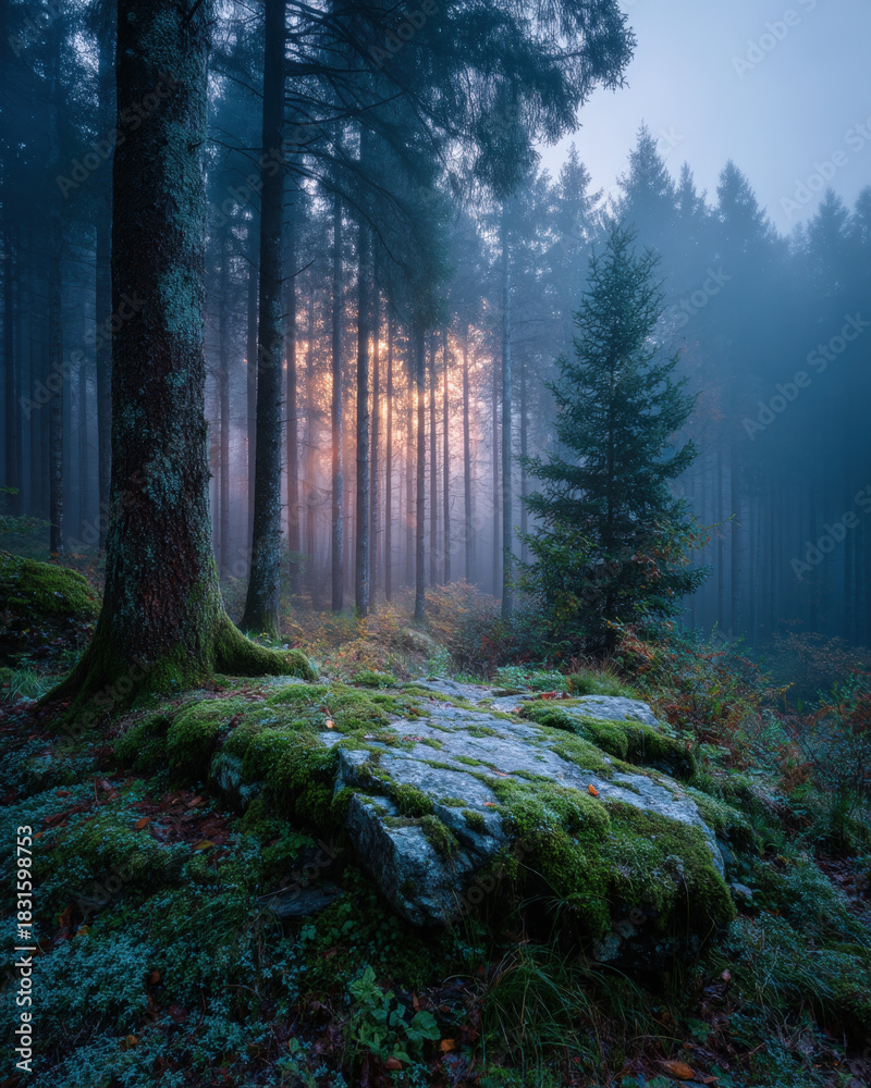 Obraz premium Moss-covered rock pedestal in a misty forest clearing with soft morning light