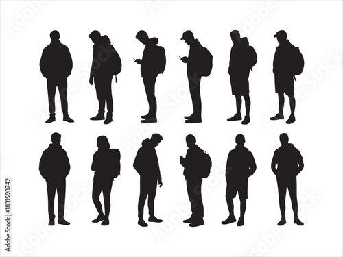 People Silhouette Set | Standing Figures with Backpack Icons
