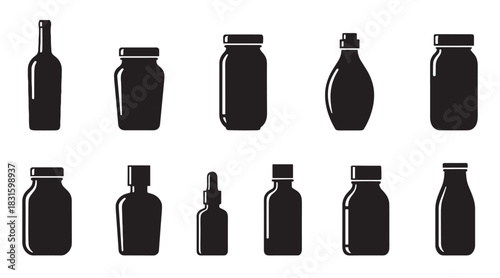 Collection of black bottle and jar silhouettes in various shapes and sizes, featuring minimalist graphic icons with subtle highlights for packaging and product design concepts