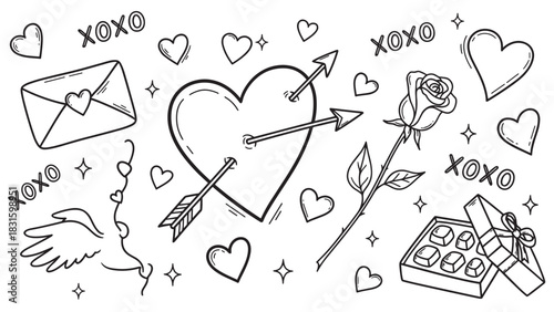 Set of hand-drawn love doodles featuring a heart with an arrow, a rose, chocolates, and a letter for a romantic Valentine's Day celebration, presented in a cute sketch style