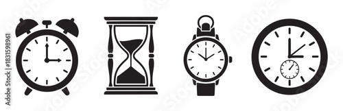 Set of four black time icons including an alarm clock, hourglass, wristwatch, and wall clock presented in a simple, minimalist graphic style for time management concepts