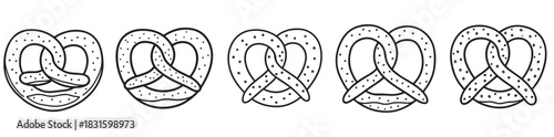 Set of five hand-drawn pretzel icons with salt sprinkles arranged in a horizontal row, showcasing a simple black and white line art style for bakery or snack concepts