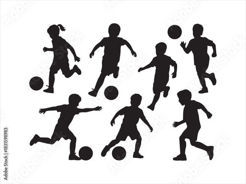 Kids Playing Football Silhouette | Children Soccer Players Icon