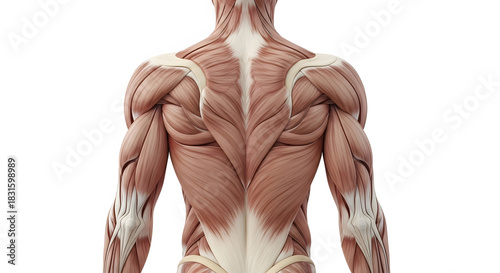 Detailed anatomical illustration of the human muscular system from the back view