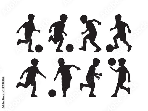 Kids Playing Football Silhouette | Children Soccer Players Icon