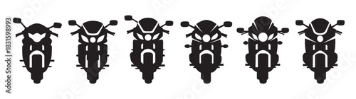 Set of six black motorcycle silhouettes showing different sportbike models from a front view perspective in a minimalist graphic icon style for transportation and racing concepts