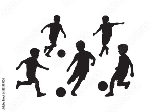 Kids Playing Football Silhouette | Children Soccer Players Icon