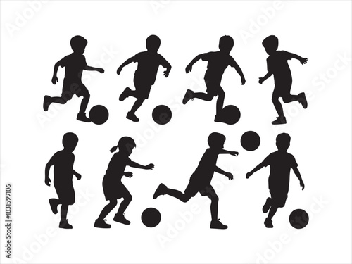 Kids Playing Football Silhouette | Children Soccer Players Icon