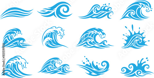 Ocean waves collection. Sea storm wave isolated. Waves, water elements set. Nature wave water storm linear style illustration