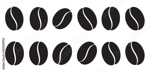 Set of twelve black coffee bean icons arranged in two neat rows in a minimalist graphic style, perfect for cafe menus or beverage branding concepts