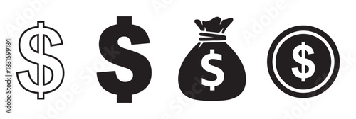 Four black dollar sign icons in a simple graphic set, featuring an outline version, a bold solid symbol, a money bag with a dollar mark, and a coin emblem for financial design