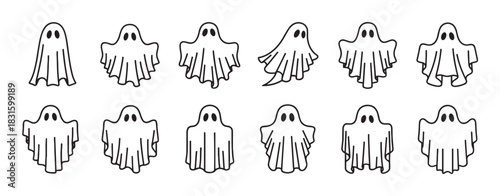 Collection of twelve cute ghost illustrations in a minimalist line art style, featuring various spooky and funny phantom characters for Halloween holiday decoration and design
