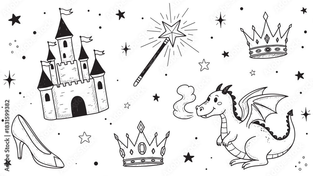 Fototapeta premium Hand-drawn set of fairytale icons including a castle, dragon, crown, and magic wand in a whimsical black and white doodle style for children's stories and designs