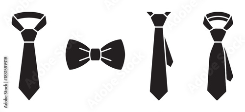 Four black formal neckwear icons, including a classic bowtie and three different neckties with various knots, presented as a flat, minimalist vector graphic set for business concepts