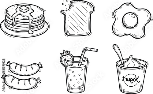 hand drawn doodle breakfast food icons set