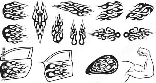 Collection of tribal flame designs in black and white for tattoo art or vector graphics