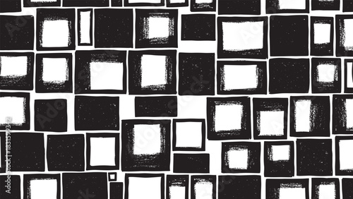 Abstract seamless pattern of hand-drawn black squares and rectangles with a distressed ink texture, creating a bold monochrome geometric design with a modern artistic feel