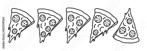 Five black and white pizza slices illustration in a simple doodle style, showing pepperoni and melted cheese in a graphic row for a fun, minimalist food concept