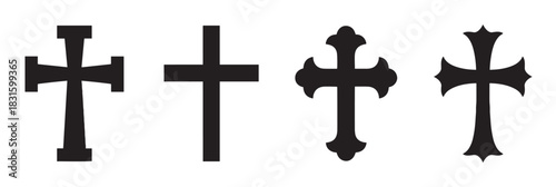 Four black Christian cross silhouettes in various styles including simple Latin, ornate gothic, and decorative designs, presented as a collection of religious symbols