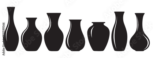Collection of seven black vase silhouettes with various shapes and sizes, featuring elegant curved highlights in a minimalist graphic style perfect for design elements