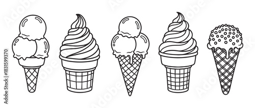 Collection of five black and white ice cream cone illustrations in a simple line art style, showing various scoops, soft serve swirls, and waffle cone textures for a summer treat concept