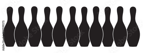 Ten black bowling pin silhouettes arranged in a straight horizontal row creating a simple graphic pattern for a minimalist sports or recreation concept