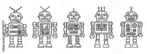 Five vintage style black and white robots stand in a row with unique designs, featuring antennas, gears, and buttons in a retro line art illustration style