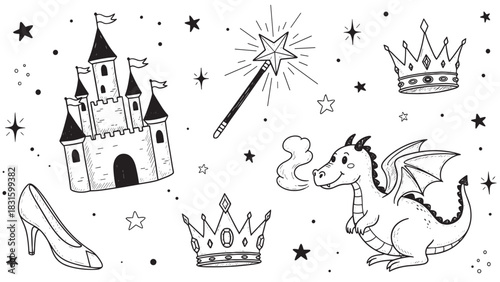 Hand-drawn set of fairytale icons including a castle, dragon, crown, and magic wand in a whimsical black and white doodle style for children's stories and designs