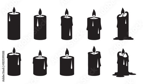 Set of ten black candle silhouettes showing the progressive stages of melting wax from a new pillar to a completely burned down stub with a flame
