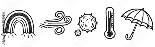 Hand-drawn weather icons set featuring a rainbow, wind, sun, thermometer, and umbrella in a simple black and white doodle style for meteorological concepts and forecasts