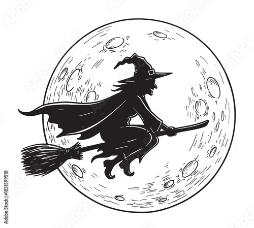 Black silhouette illustration of a witch flying on a broomstick in front of a large full moon, a classic Halloween symbol rendered in a vintage hand-drawn sketch style