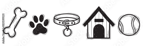 Set of five black and white dog-themed icons in a hand-drawn sketch style, showing a bone, paw print, collar, doghouse, and a tennis ball in a row