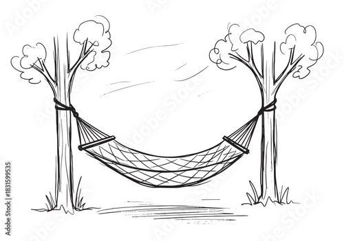 Simple black and white line drawing of a hammock tied between two trees, a minimalist hand-drawn sketch evoking a sense of peace, summer vacation, and outdoor relaxation