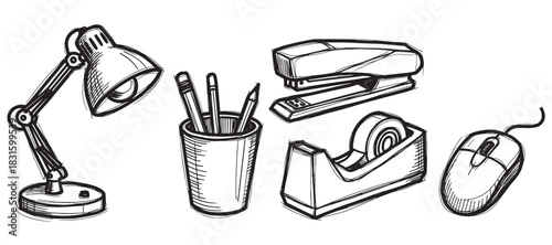 Hand-drawn sketch set of various office supplies including a desk lamp, stapler, tape dispenser, pencil holder, and computer mouse in a black and white doodle illustration style