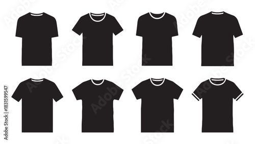 Eight black short-sleeved t-shirt icons are neatly arranged, showcasing various neckline styles and some with white trim, presented in a clean, simple vector illustration