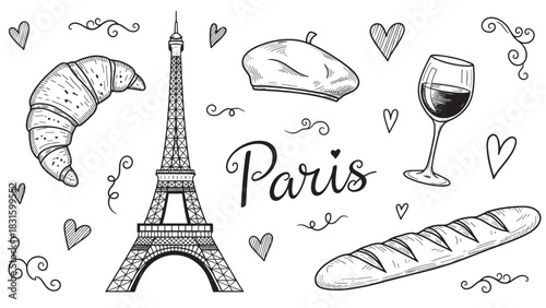 Hand-drawn set of French culture icons in a charming sketch style, featuring a famous landmark, croissant, baguette, wine, and a beret with romantic hearts and swirls