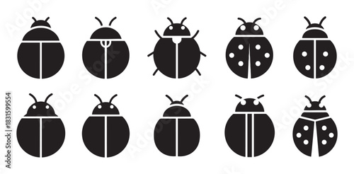 Collection of black bug and insect icons in a simple, minimalist graphic style showing various beetle and ladybug designs, presented as a clean flat vector illustration set
