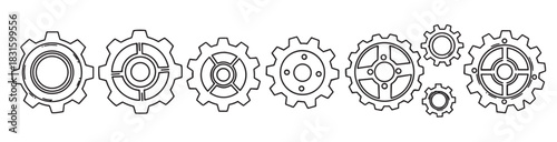Collection of hand-drawn mechanical gears and cogs arranged in a horizontal row, showcasing various industrial designs in a simple black and white outline illustration style