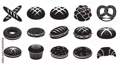 Set of black bakery icons featuring various types of bread, pastries, and baked goods like baguettes, pretzels, croissants, muffins, and bagels in a simple vector silhouette style