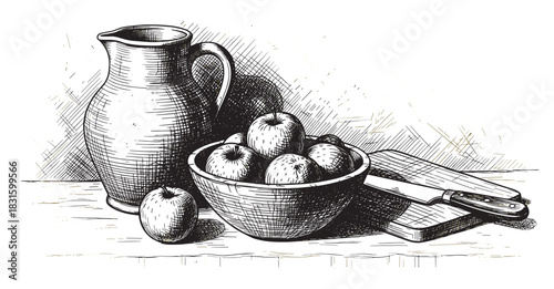 Hand-drawn still life illustration of apples in a bowl, a ceramic pitcher, and a knife on a cutting board in a vintage, rustic, engraving style with detailed cross-hatching
