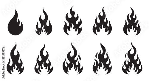 Black fire flame vector icon set featuring ten different stylized shapes, from a simple spark to a complex bonfire silhouette, perfect for logos or tattoo art