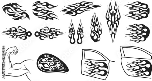 Collection of tribal flame designs in black and white for tattoo art or vector graphics