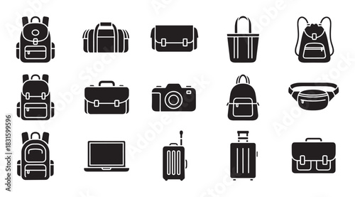 Collection of black glyph icons representing travel bags, luggage, and personal accessories for tourism and business, featuring various styles of backpacks, suitcases, and briefcases