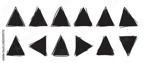 Collection of hand-drawn black triangles in a sketchy doodle style, showing various geometric shapes and orientations for creative graphic design elements and abstract patterns