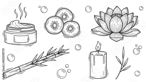 Hand-drawn set of spa and wellness icons featuring a cosmetic cream jar, lotus flower, bamboo stalk, cucumber slices, and a burning candle in a black and white sketch style