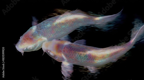 Two koi fish swimming in the water. the fish are facing each other and appear to be in motion. the body of the fish is elongated and has a pointed snout.