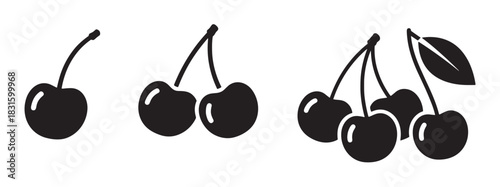 Black cherry fruit icons in a set showing a single berry, a pair, and a bunch with a leaf, presented in a simple, clean, and minimalist graphic silhouette style for various designs